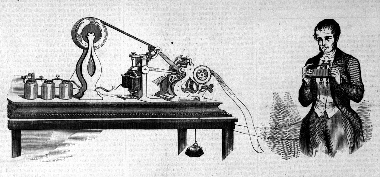 Der amerikanische Erfinder Samuel Finley Breese Morse (1791-1872) neben seinem Telegraphen. Gravur aus dem 19. Jahrhundert von Unknown artist