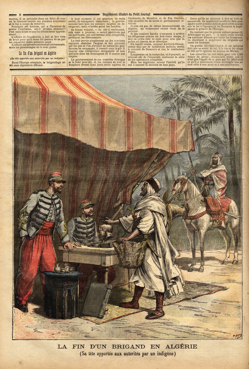 Ein algerischer Einheimischer bringt den Kopf des Banditen Ali Ould Chick, der die Post von Nemours geräumt hatte, für eine Prämie von 1500 Francs zum Büro von Marnia, einem französischen Militärposten, der 1844 im Departement Oran an der Grenze zu Algerie von Unknown artist