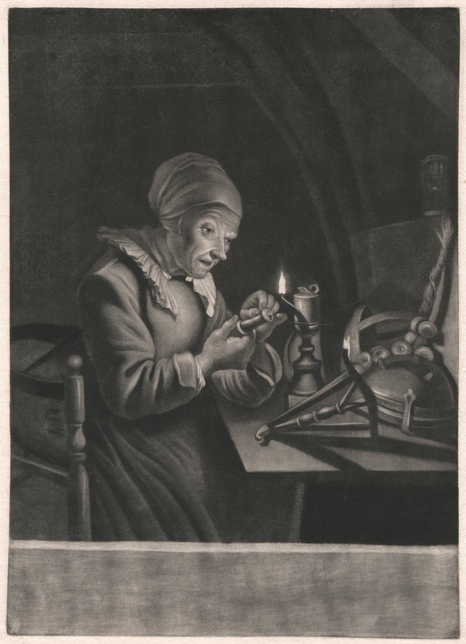Eine alte Frau repariert ihr Spinnrad von Unknown artist