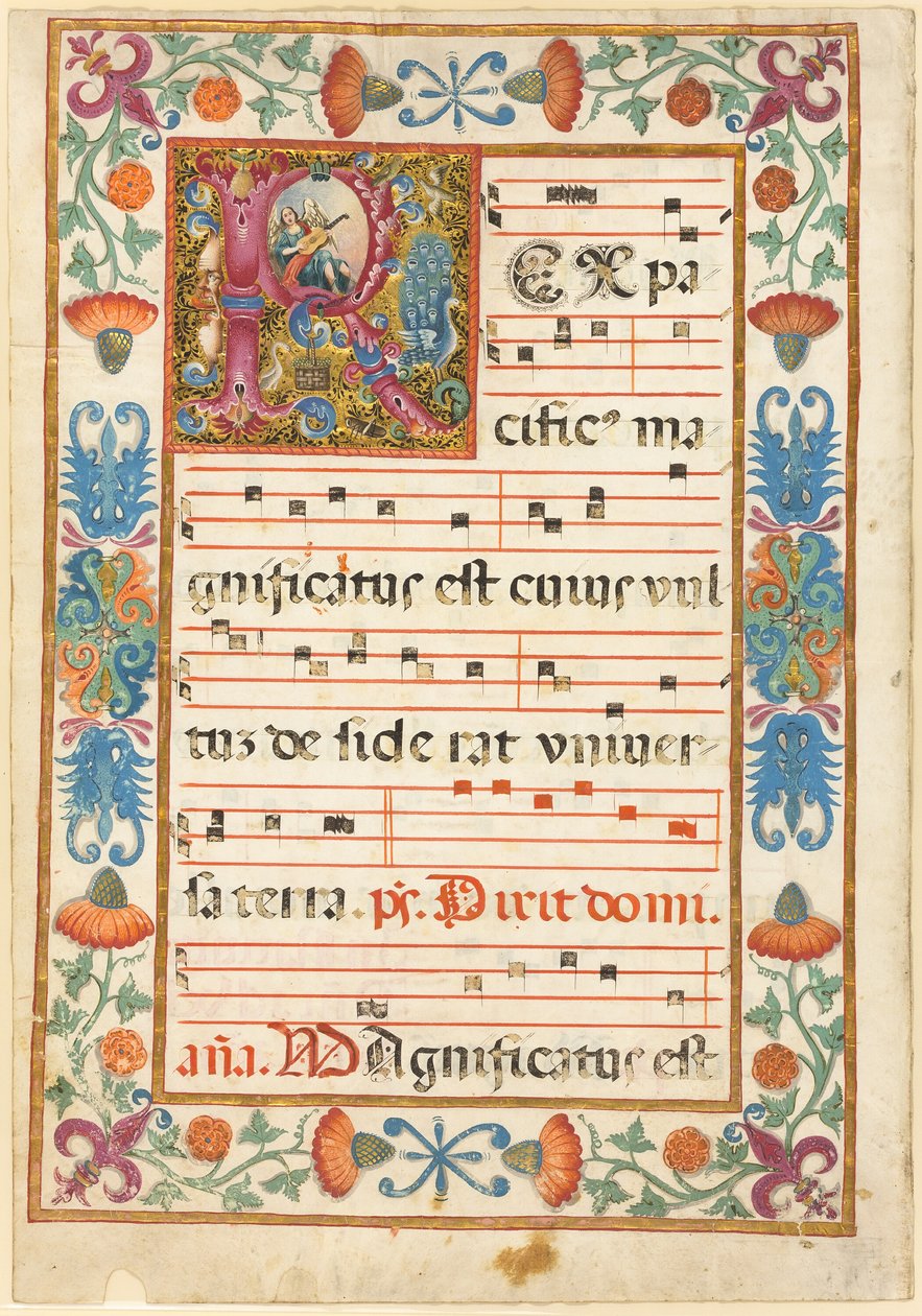 Engel, der ein Instrument in einem verzierten Initial "R" mit Flora, Fauna und Grotesken spielt, aus einem Antiphonar von Unknown artist