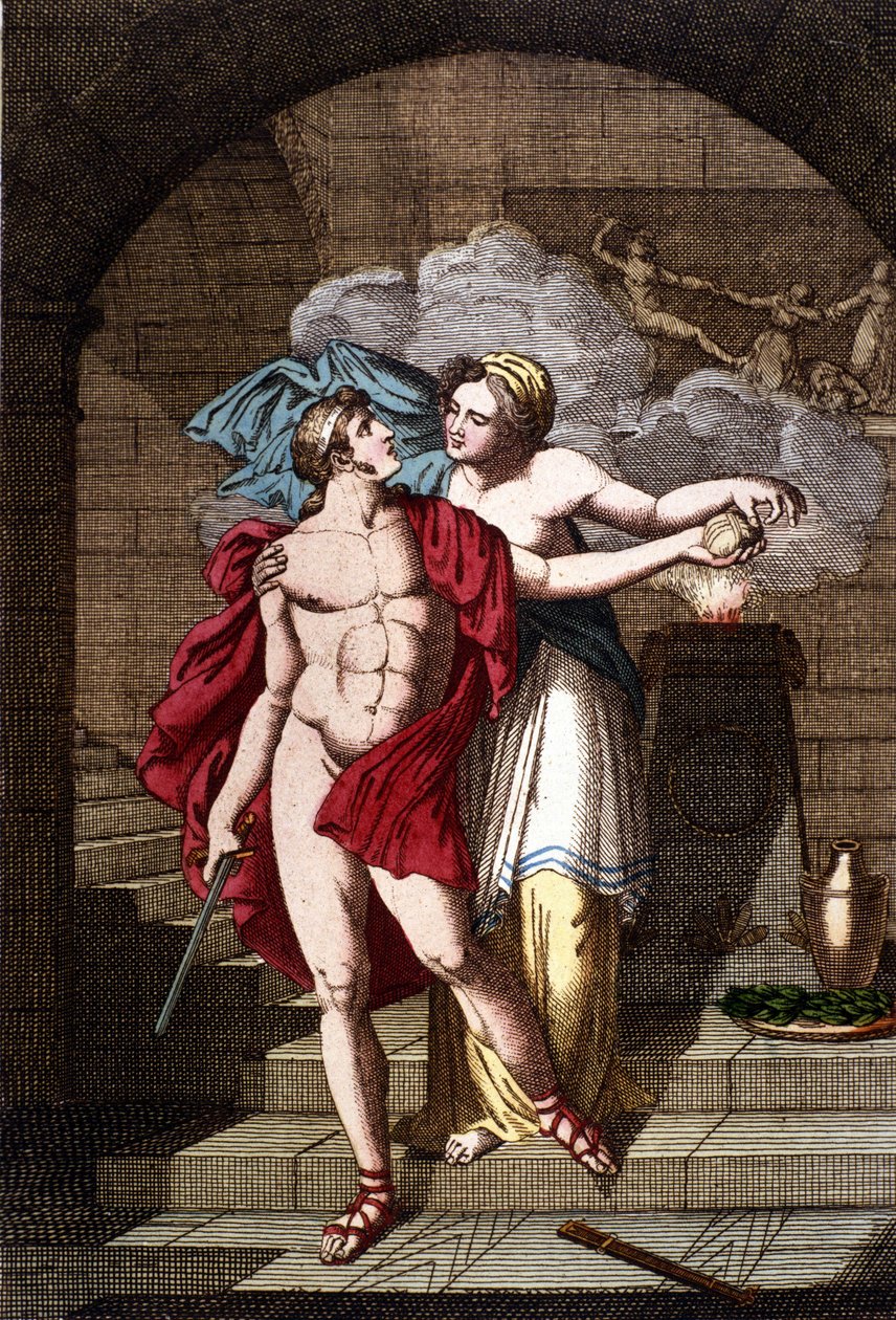 Arianne gibt Theseus den Faden, damit er aus dem Labyrinth herausfinden kann - in Dizionario mitologico von Unknown artist