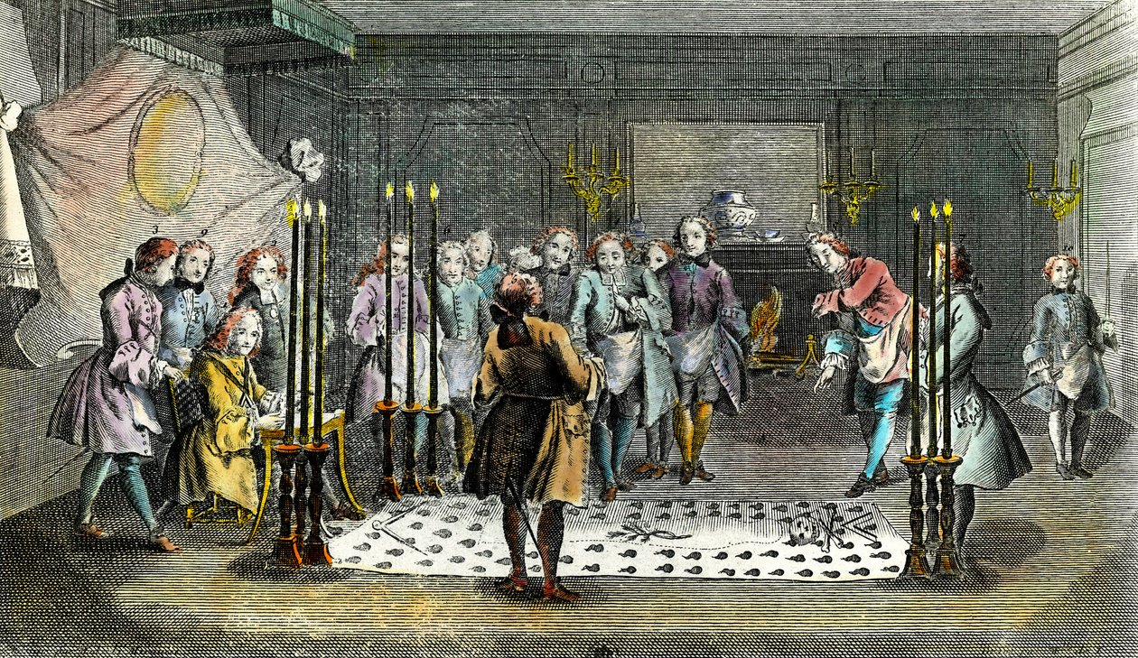 Versammlung der Freimaurer zur Aufnahme von Meistern (Gravur um 1750) von Unknown artist