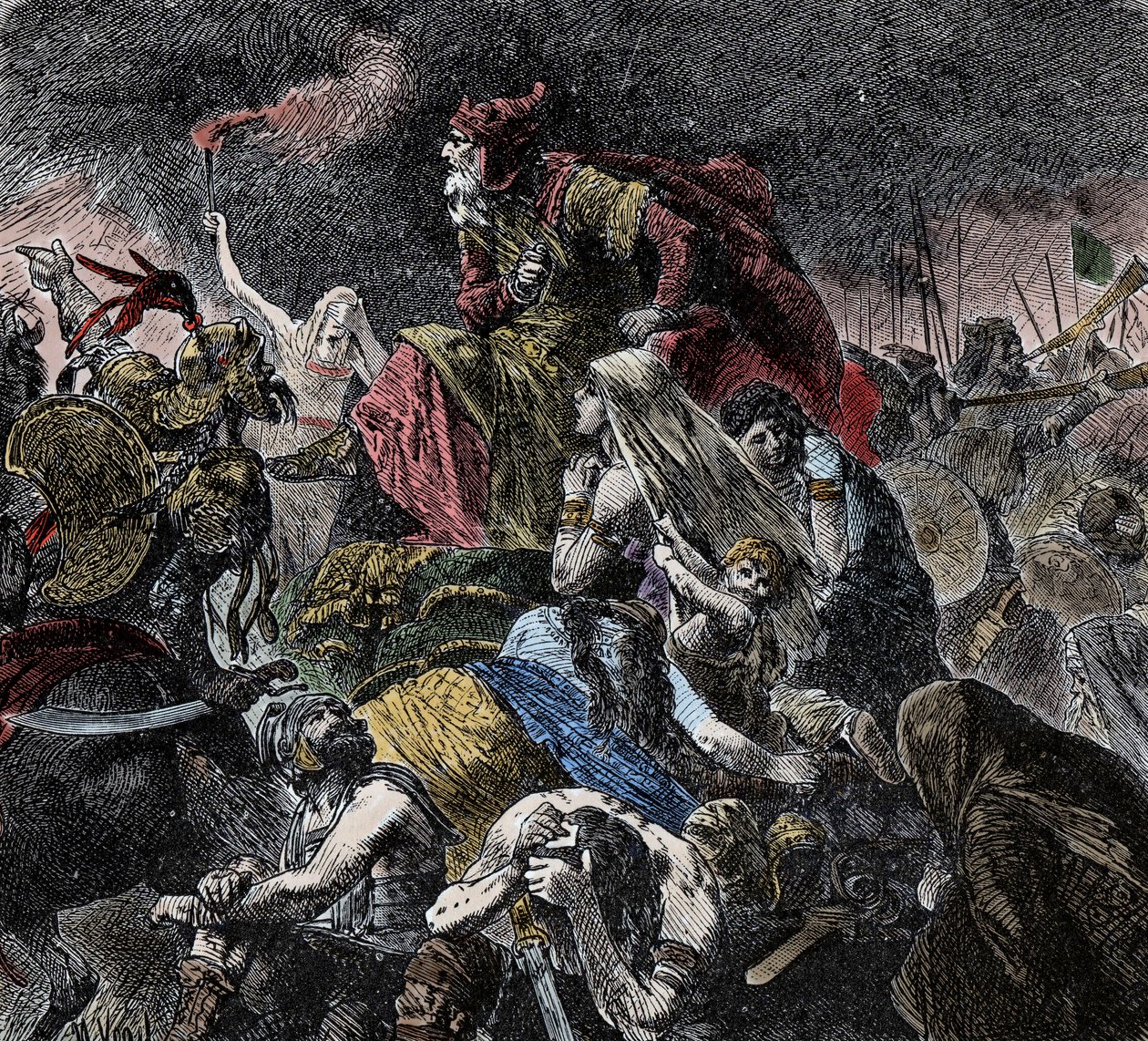 Schlacht auf den Katalaunischen Feldern, wo die Römer, die Franken und die Westgoten die Hunnen von Attila und die Ostgoten in der Nähe von Troyes, Aube, vereinten - Barbarische Invasionen - (Schlacht auf den Katalaunischen Feldern oder Schlacht von Chalon von Unknown artist