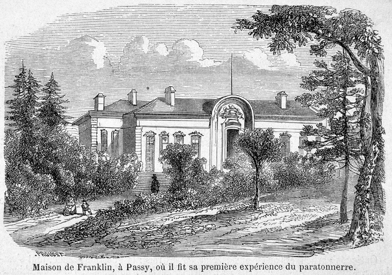 Benjamin Franklins Haus in Passy, wo er seine erste Blitzableiter-Erfahrung machte - Gravur von Unknown artist