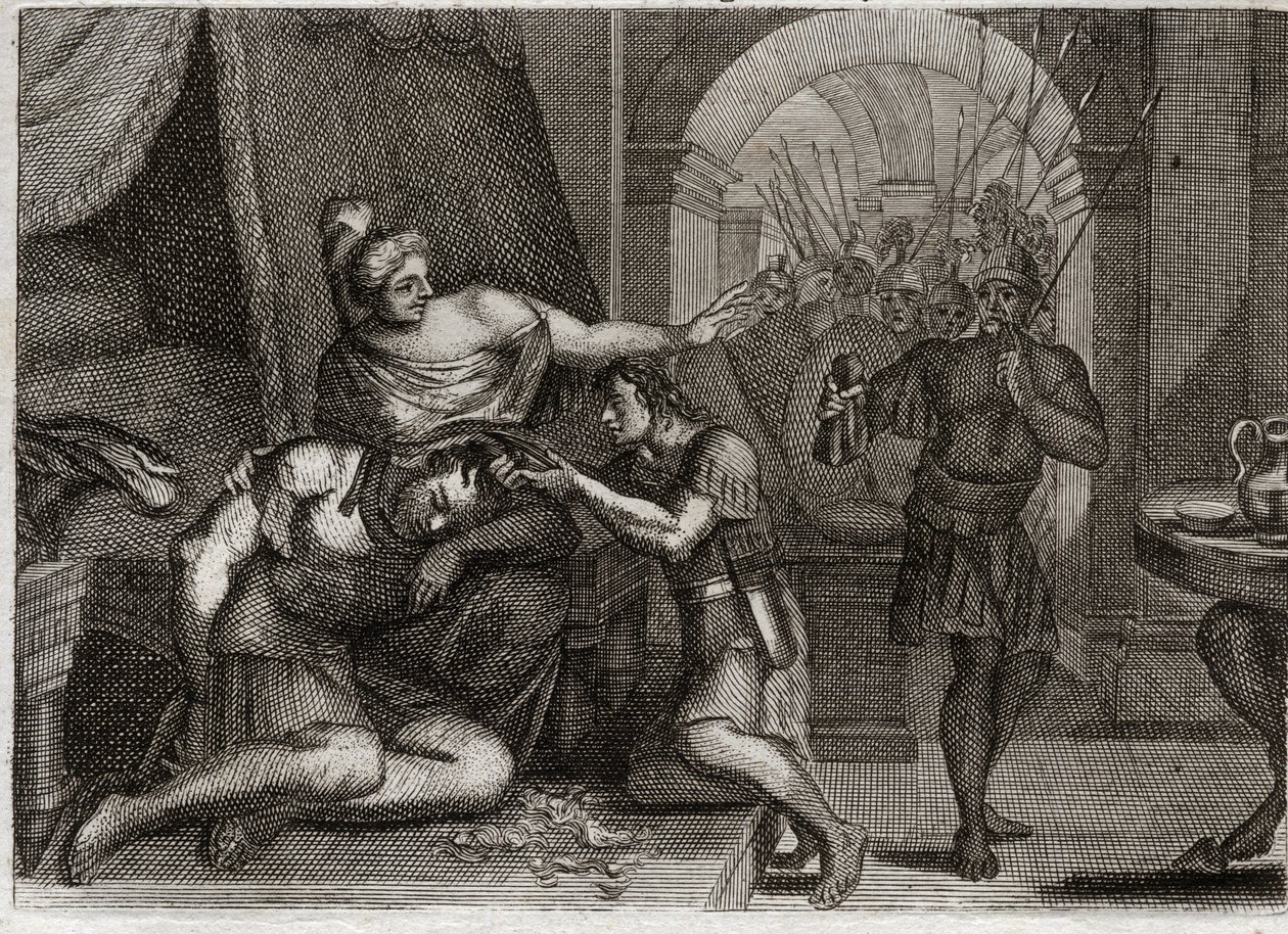 Bibel von Royaumont, Altes Testament: Tod von Samson. Samson verrät Dalila, dass seine Stärke in seinem Haar liegt. Sie schneidet ihm das Haar ab und bringt die Philister-Soldaten in den Raum. Illustration von 1811. von Unknown artist