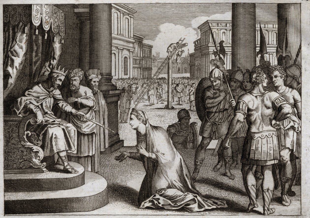 Bibel von Royaumont, Altes Testament: Bestrafung von Aman. Assuerus I (Xerxes I) hängt Aman (Haman) an den Galgen, den er für Mardochee (oder Mordechai) vorbereitet hatte, und widerruft das Todesurteil, das er in seinem ganzen Königreich veröffentlicht hat von Unknown artist