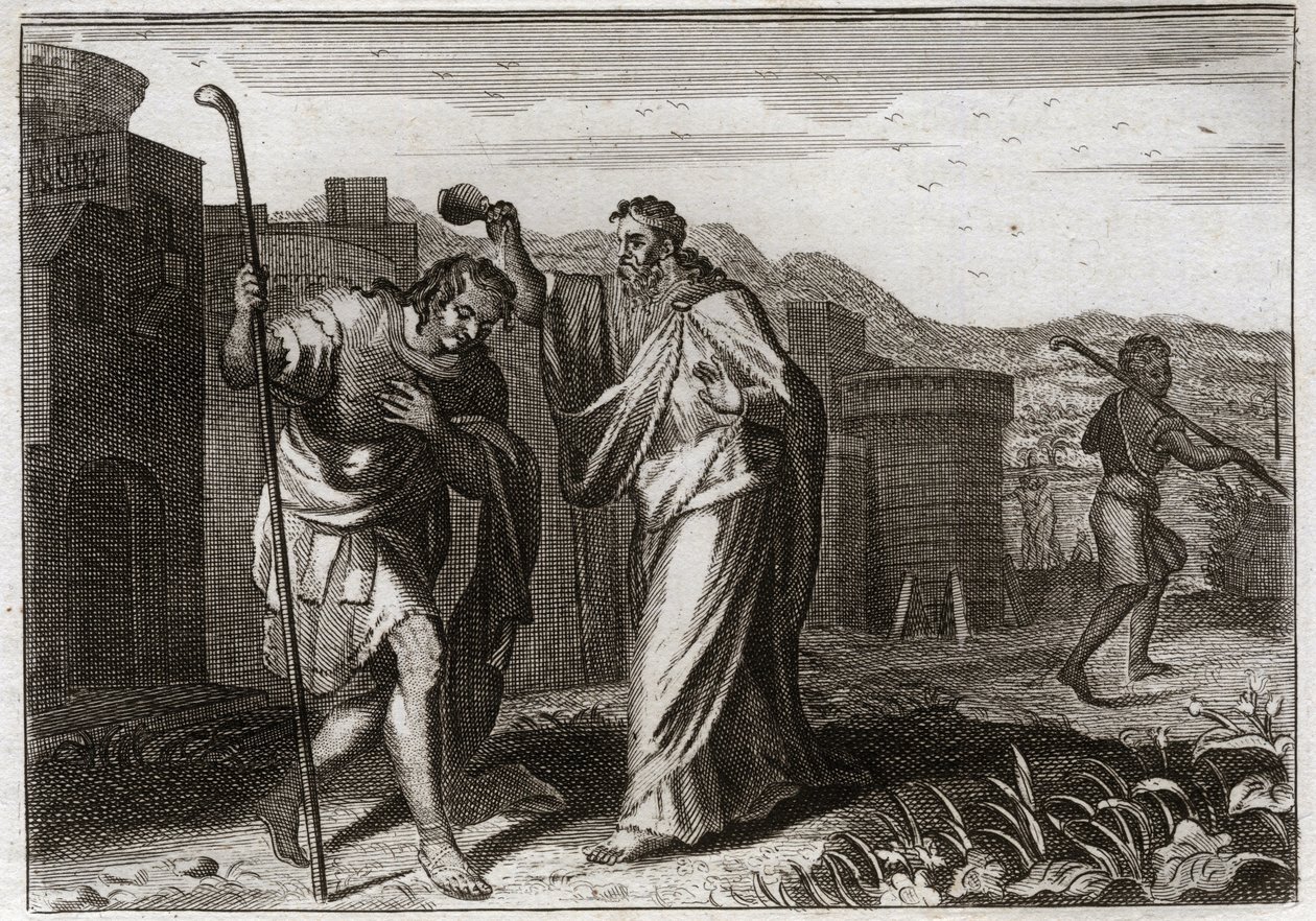 Royaumont-Bibel, Altes Testament: Salbung Sauls. Samuel, auf Gottes Befehl, salbte Saul zum König der Juden. Illustration von 1811. von Unknown artist
