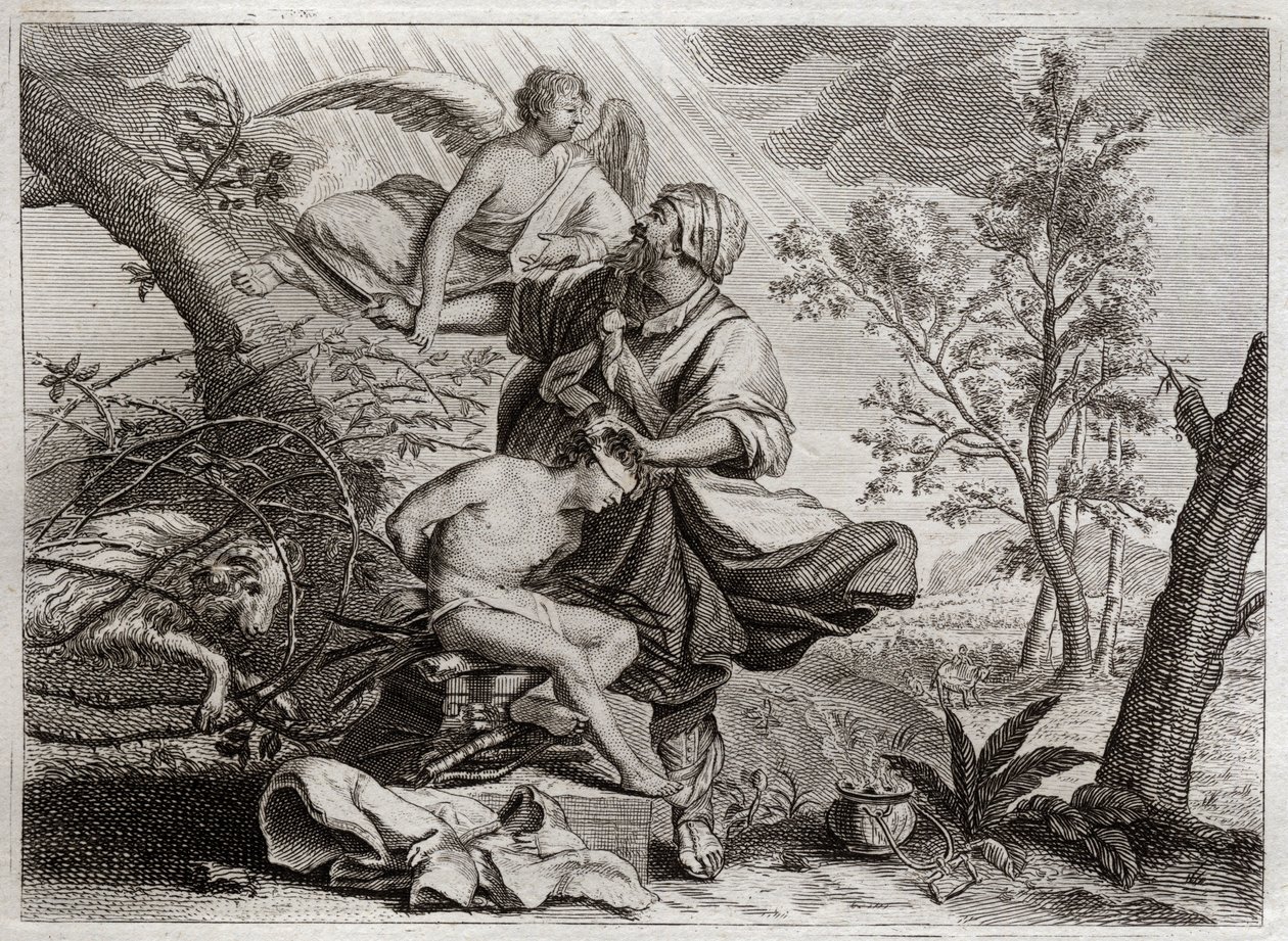 Royaumont-Bibel, Altes Testament: Opferung Abrahams. Ein Engel hält Abrahams Hand vor der Opferung seines Sohnes Isaak. Links steht der Widder, den Abraham stattdessen töten wird. Illustration von 1811 von Unknown artist