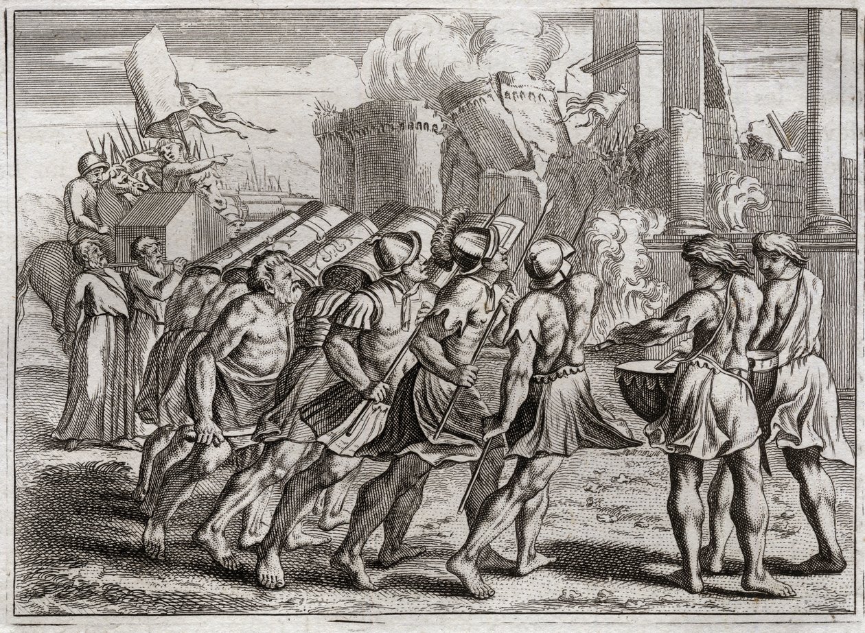 Bibel von Royaumont, Altes Testament: Die Einnahme von Jericho. Die Mauern von Jericho fallen zu Boden durch den Klang der Trompeten der Priester, die der Bundeslade des Herrn vorausgingen. Illustration von 1811. von Unknown artist