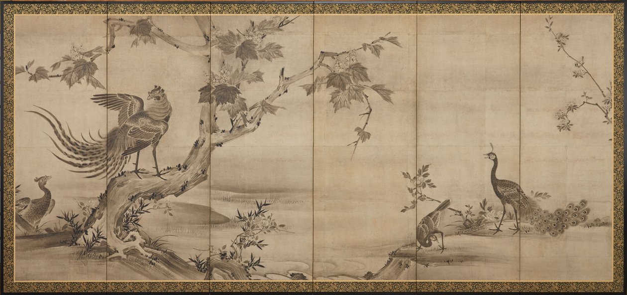 Vögel, Blumen und Bäume: auf der Rückseite Bambusbäume von Unknown artist