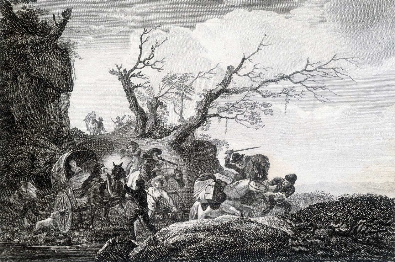 Räuber greifen Reisende auf einer Landstraße an. Gravur eines anonymen Künstlers des 18. Jahrhunderts. von Unknown artist