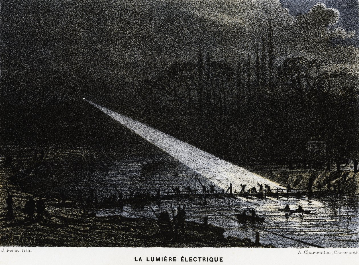 Verteidigungsanlagen über die Seine bei Nacht mit Bogenlicht bauen. Deutsch-Französischer Krieg von Unknown artist