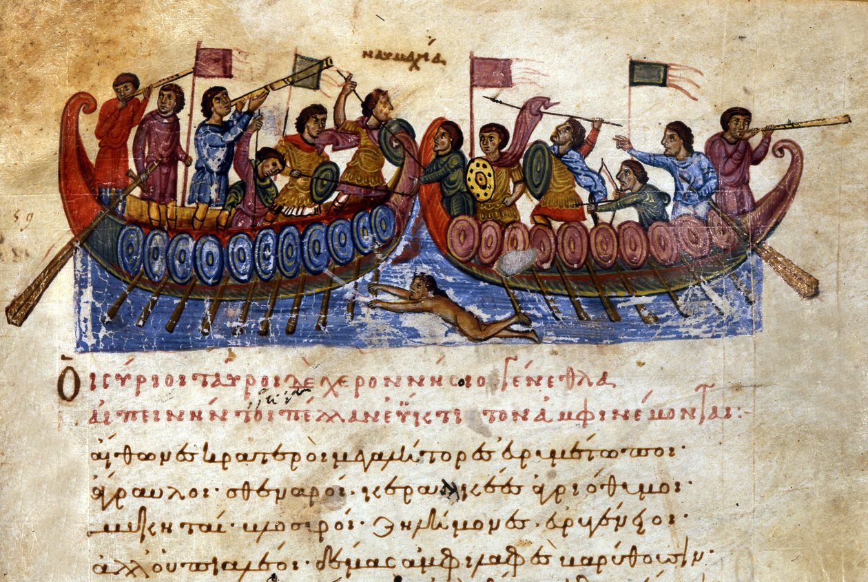 Byzantinische Seeschlacht (Manuskript aus dem 11. Jahrhundert) von Unknown artist