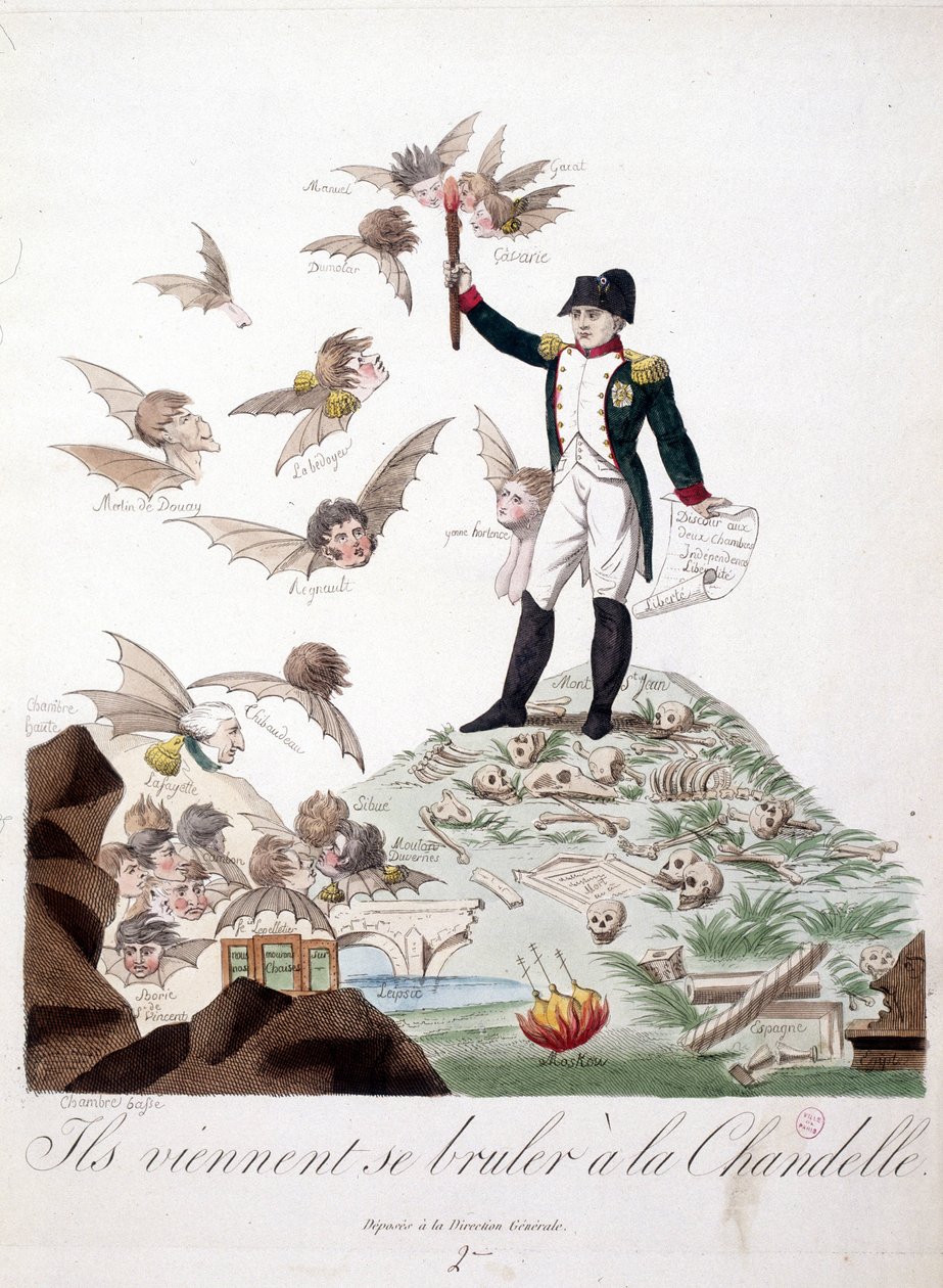 Karikatur über Napoleon I., dargestellt auf einem Hügel, der mit Skeletten bedeckt ist und eine Kerze hält, die die Flügel von Figuren (Merlin de Douai, Regnault...) in Fledermausgestalt verbrennt - in „Napoleon I., Karikaturen, Dummysammlung“. 1814 - 1815 von Unknown artist