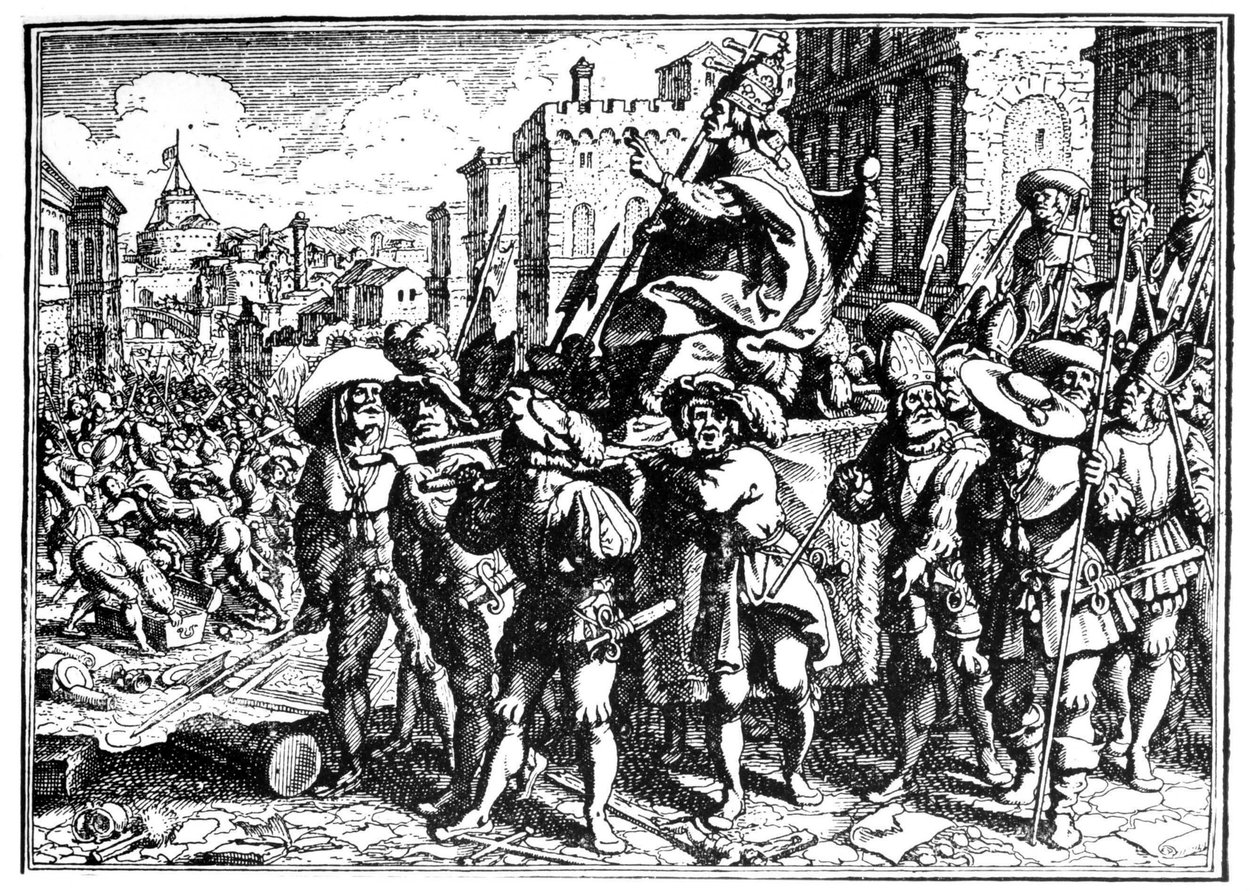 Karikatur über Papst Innozenz I. während der Invasion und Plünderung Roms durch Alarich I., König der Westgoten, im Jahr 410 (Sack von Rom). Gravur - in „Die Chronik von Goffredo“. von Unknown artist