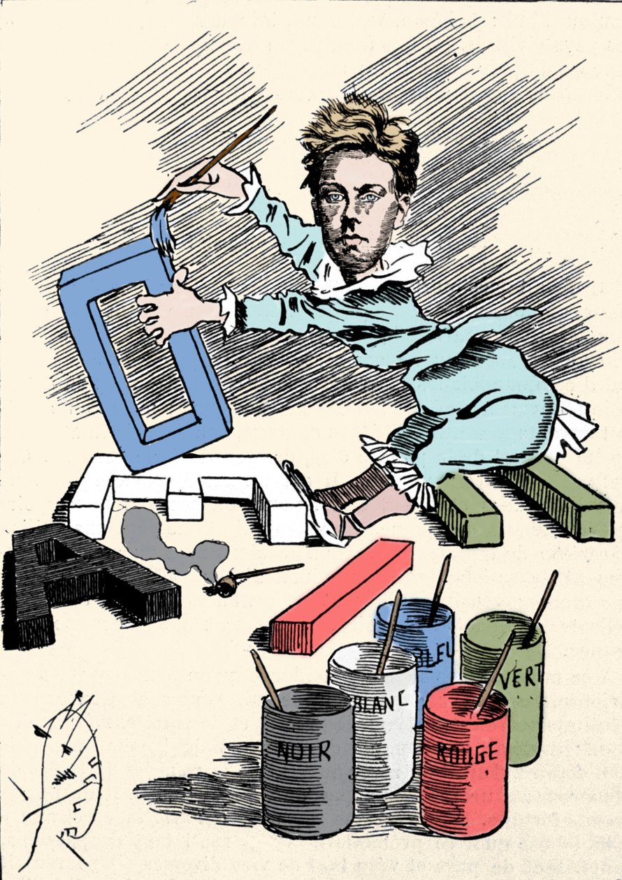 Karikatur, die den Dichter Arthur Rimbaud (1854-1891) darstellt, wie er Buchstaben des Alphabets mit Farbe bedeckt. Gravur aus „Men of Today“ von Unknown artist