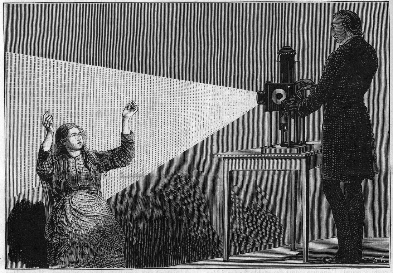 Katalepsie unter dem Einfluss von Licht. Der französische Neurologe Jean Martin Charcot (1825-1893) untersucht das Phänomen der Hypnose an einem Patienten im Krankenhaus Salpêtrière. von Unknown artist