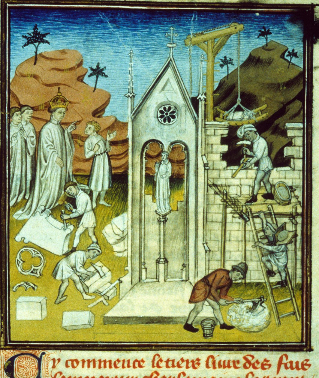 Karl der Große besucht die Baustelle einer Kathedrale - Buchmalerei auf Pergament aus dem Mittelalter „Große Chroniken von Saint-Denis“ Ende des 14. Jahrhunderts (ref. 512, 096r) Genehmigung der Stadtbibliothek von Toulouse anfordern (tel: 05 62 von Unknown artist