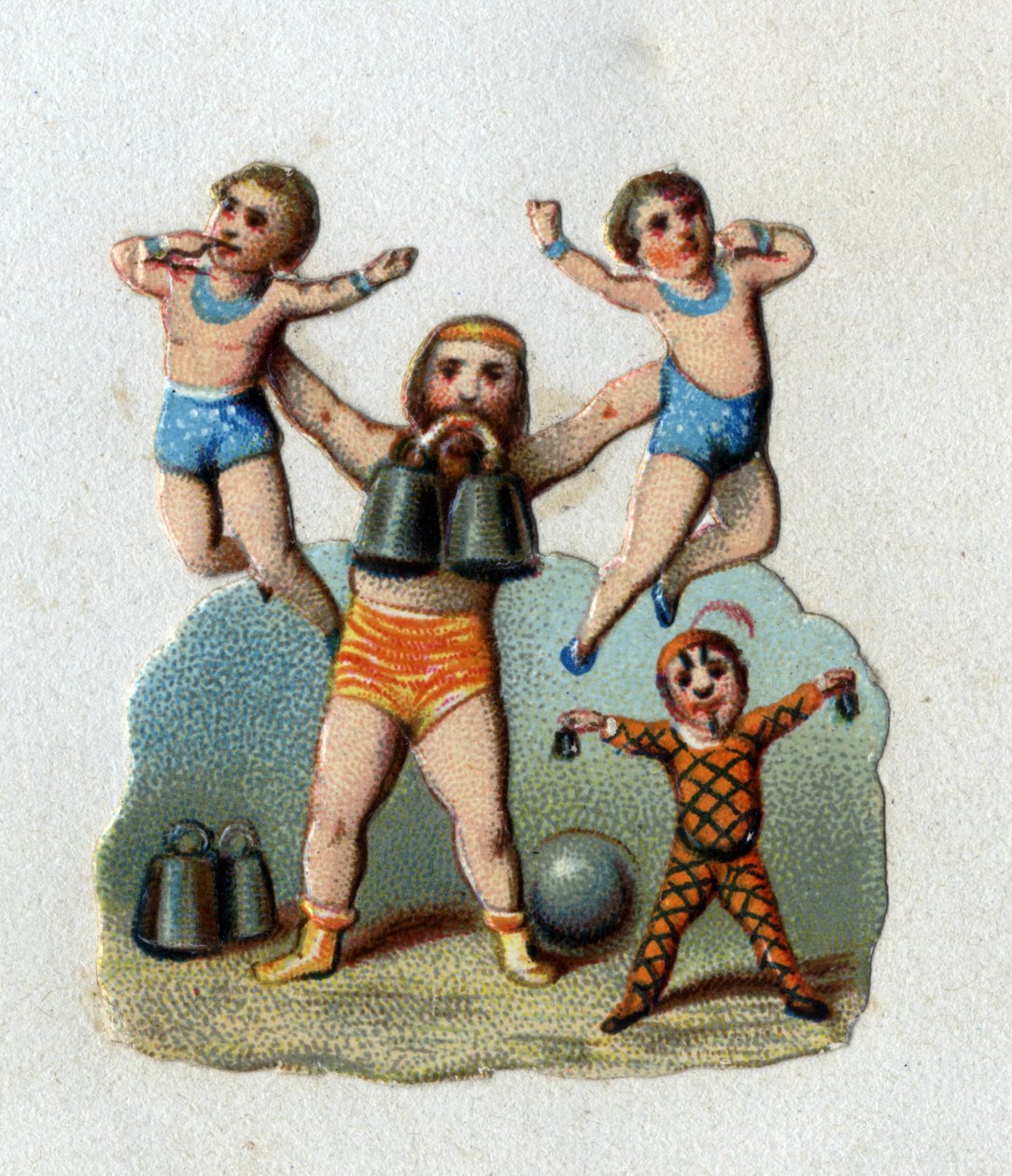 Zirkus: Ein Gewichtheber hebt zwei Männer mit ausgestreckten Armen, während er ein Gewicht zwischen den Zähnen hält, um seine Muskelkraft zu demonstrieren. Chromolithographie um 1890 von Unknown artist