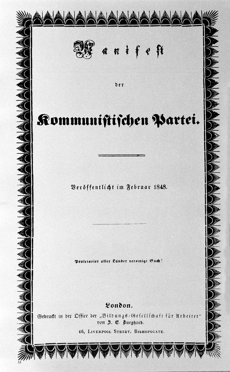 Titelblatt des Kommunistischen Manifests von Karl Marx und Friedrich Engels, Erstausgabe, London 1848 (30 Seiten). „Proletarier aller Länder, vereinigt euch“ von Unknown artist
