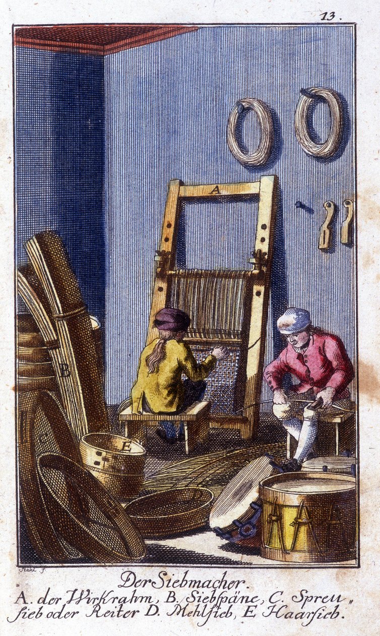 Handwerk: Siebmacher in ihrer Werkstatt. In „Umfassende Beschreibung der Künste und Handwerke und Werkstätten für junge Leute“ von Johan Peter Vue. Hrsg. Nürnberg, Weigel und Schneider von Unknown artist