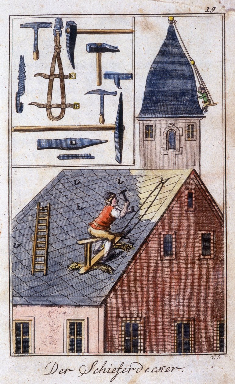 Handwerk: der Schieferdecker und seine Arbeitswerkzeuge. In „Umfassende Beschreibung der Künste und Handwerke und Werkstätten für junge Leute“ von Johan Peter Vue. Ed. Nürnberg, Weigel und Schneider von Unknown artist