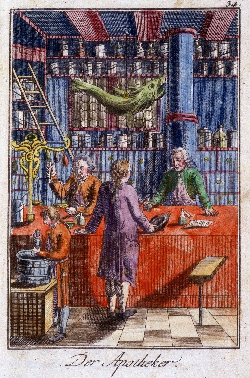 Handwerk: der Apotheker (Pharmazeut) in seiner Werkstatt. In „Umfassende Beschreibung der Künste und Handwerke und Werkstätten für junge Leute“ von Johan Peter Vire. Hrsg. Nürnberg, Weigel und Schneider von Unknown artist