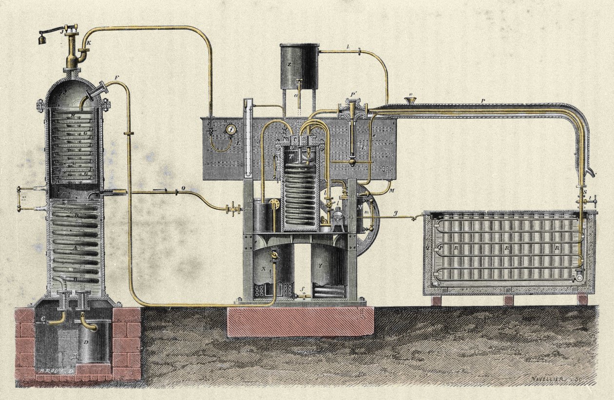 Schneiden des industriellen Apparats von Ferdinand Carré (1824-1894) zur Herstellung von Eis. Gravur aus dem 19. Jahrhundert von Unknown artist