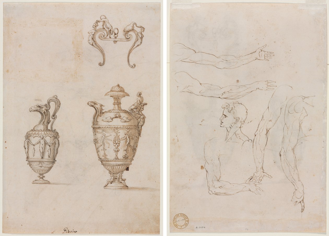 Entwurf für zwei Vasen und ein Ornament (recto); Skizzen von fünf Armen und einem Kopf (verso) von Unknown artist