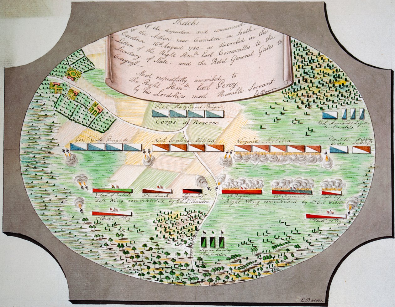Diagramm der Schlachtlinien der Schlacht von Camden, South Carolina, am 16. August von Unknown artist