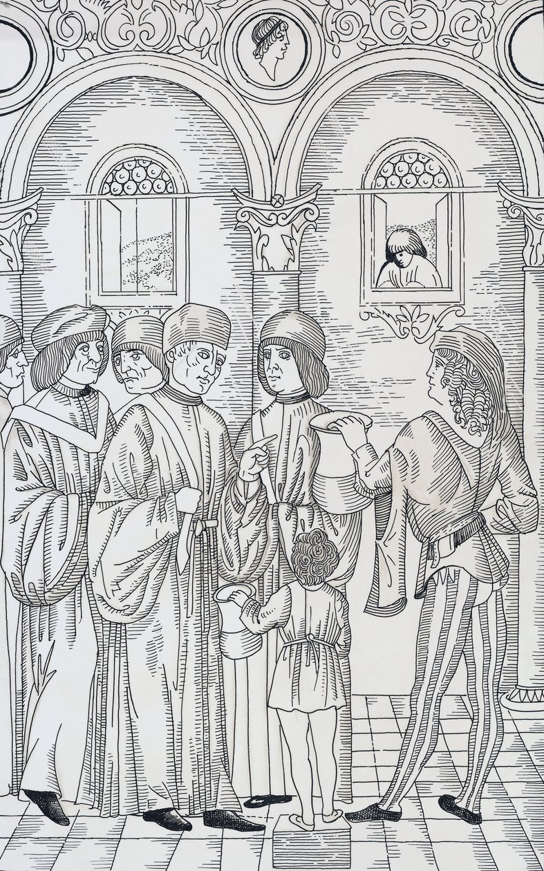 Arzt untersucht Urin des Patienten, Holzschnitt von Unknown artist