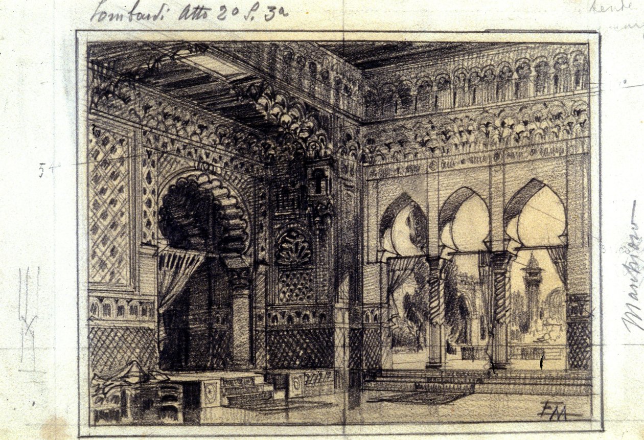 Zeichnung für das Bühnenbild von Szene 3 des zweiten Aktes der Oper „I Lombardi“ oder „Die Lombarden auf dem ersten Kreuzzug“ komponiert von Giuseppe Verdi (1813 - 1901) im Jahr 1843. von Unknown artist
