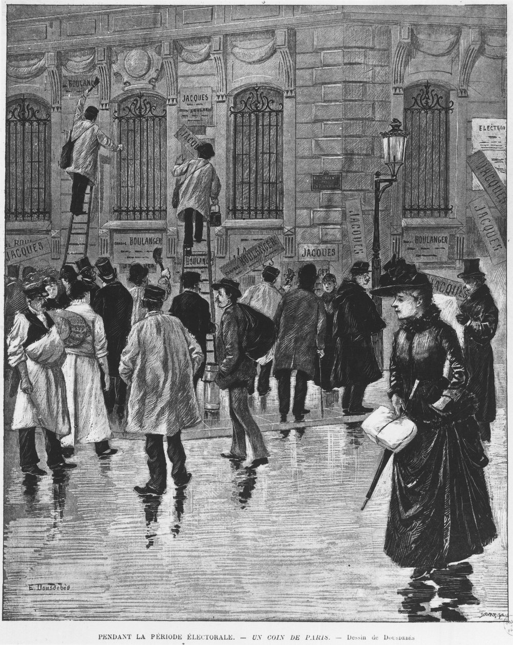 Während der Wahlperiode in Paris; Plakatkleber während der Wahl am 27. Januar 1889, Höhepunkt der Bäckereikampagne - Musée Carnavalet von Unknown artist