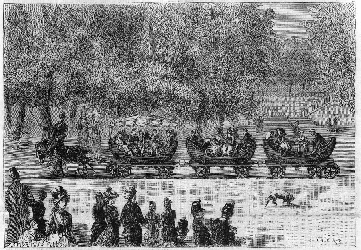 Endlose Schienen, angepasst an einen Wagenzug, der von Ziegen im Tuileriengarten in Paris gezogen wird (von der Natur). Gravur in „La Nature: revue des sciences et de leurs applications aux arts et a l