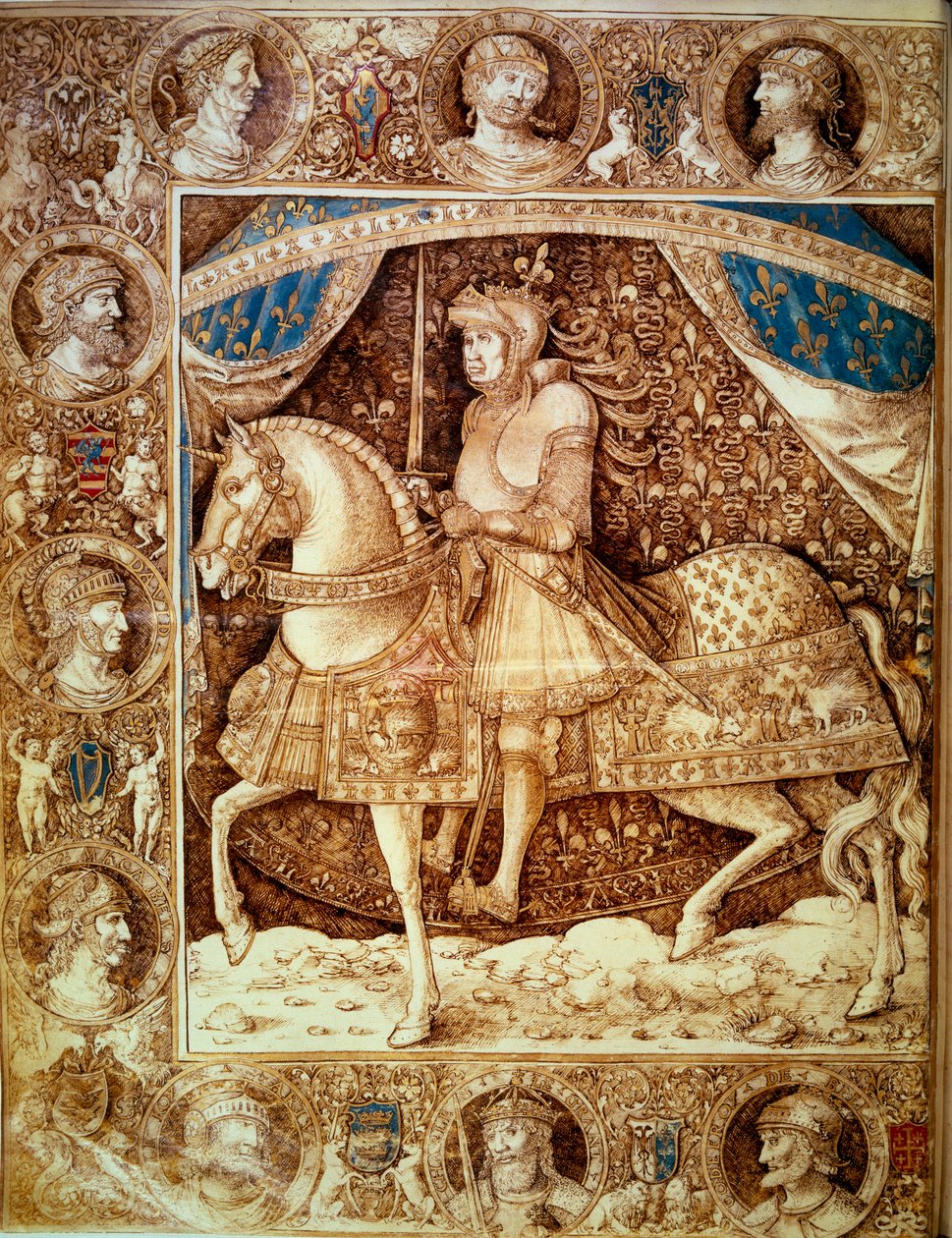 Reiterporträt von Ludwig XII. (1462-1515), König von Frankreich. Miniatur in Chroniken, Folio 1v, von Enguerrand de Monstrelet von Unknown artist