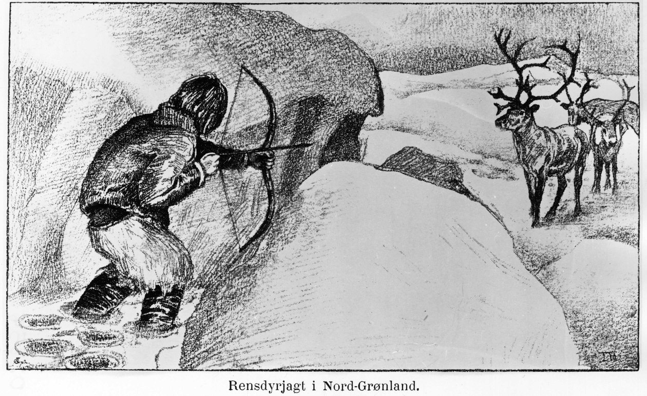 Eskimo beim Jagdspiel mit einem Bogen - Ervin Astrup, Nord Blandt Polens Naboer Kistriana von Unknown artist