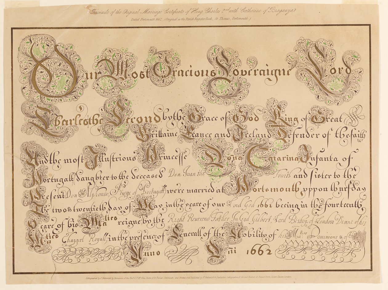 Faksimile der originalen Heiratsurkunde von Karl II. und Katharina von Portugal von Unknown artist
