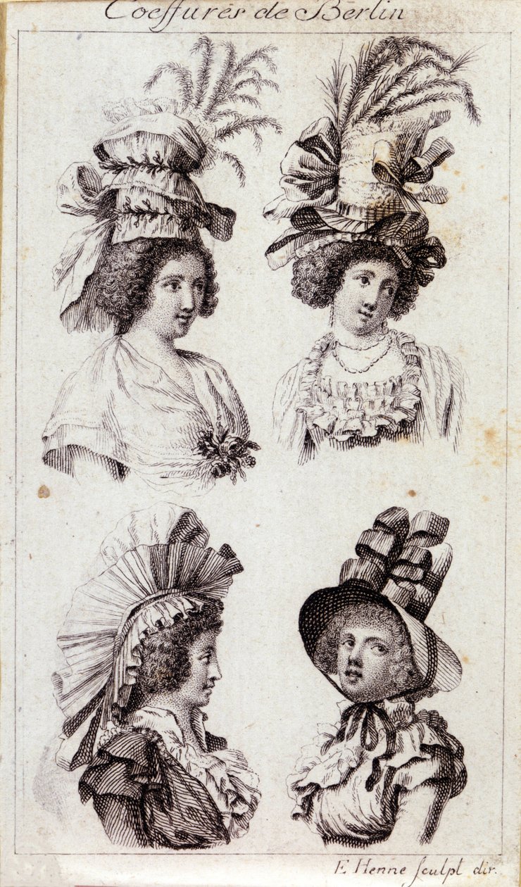 Mode des 18. Jahrhunderts: die Hüte der Berliner Frauen. Gravur von 1793 von Unknown artist
