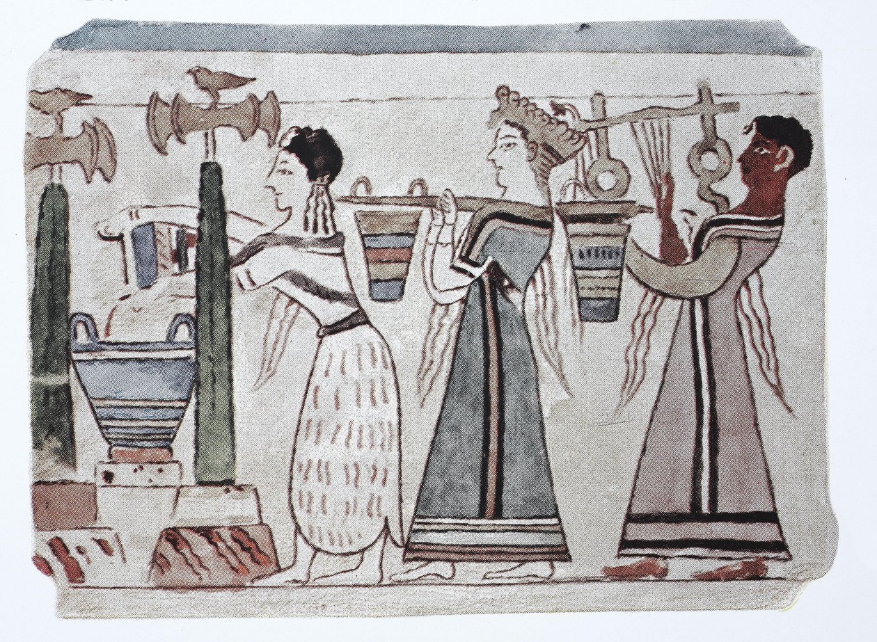 Mode, Ägäisch-phönizische Kultur, 2000-500 v. Chr. Frauen mit Wassereimern hinter einem Harfenspieler von Unknown artist