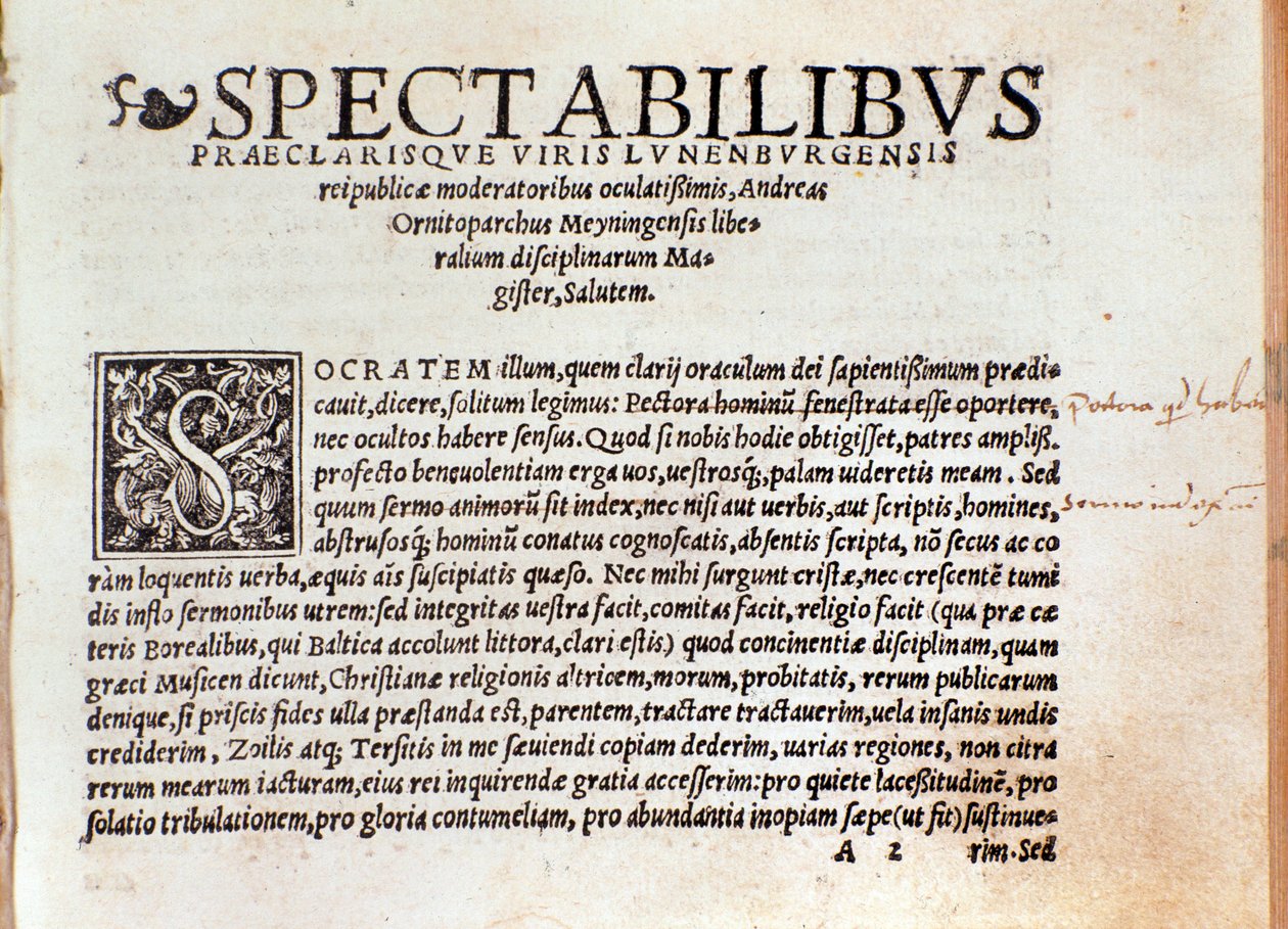 Erste Seite von „De arte cantandi micrologus“ von Andree Ornitoparchi (Andreas Ornithoparchus) 1533 Bologna, civico museo musicale von Unknown artist
