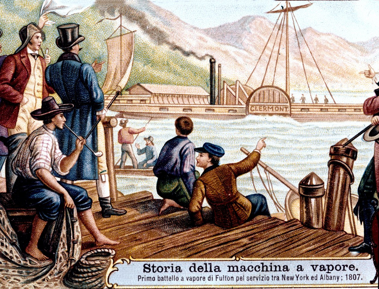 Erste Fahrt des Dampfschiffs „Clermont“ von Robert Fulton (1765-1815), amerikanischer Ingenieur auf dem Hudson River, USA von Unknown artist