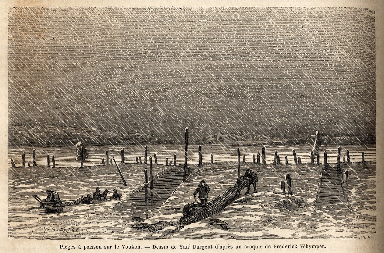 Fischfallen, aufgestellt an den Ufern des Yukon-Flusses (extremes Nordkanada). Gravur zur Illustration der Reise und Abenteuer in Britisch-Kolumbien, Vancouver Island und Alaska, von Frederick Whymper von Unknown artist