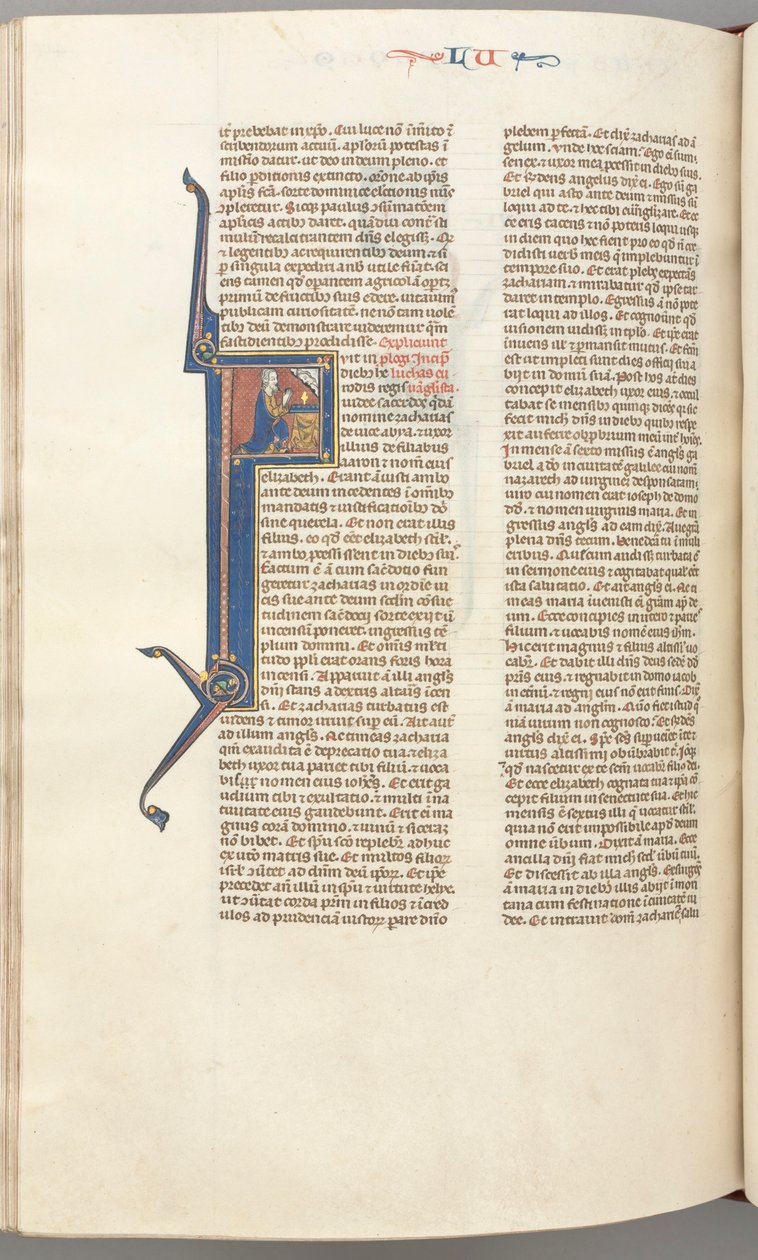 Fol. 412v, Lukas, historiierte Initiale F, Lukas betet an einem Altar, Büste Gottes darüber von Unknown artist