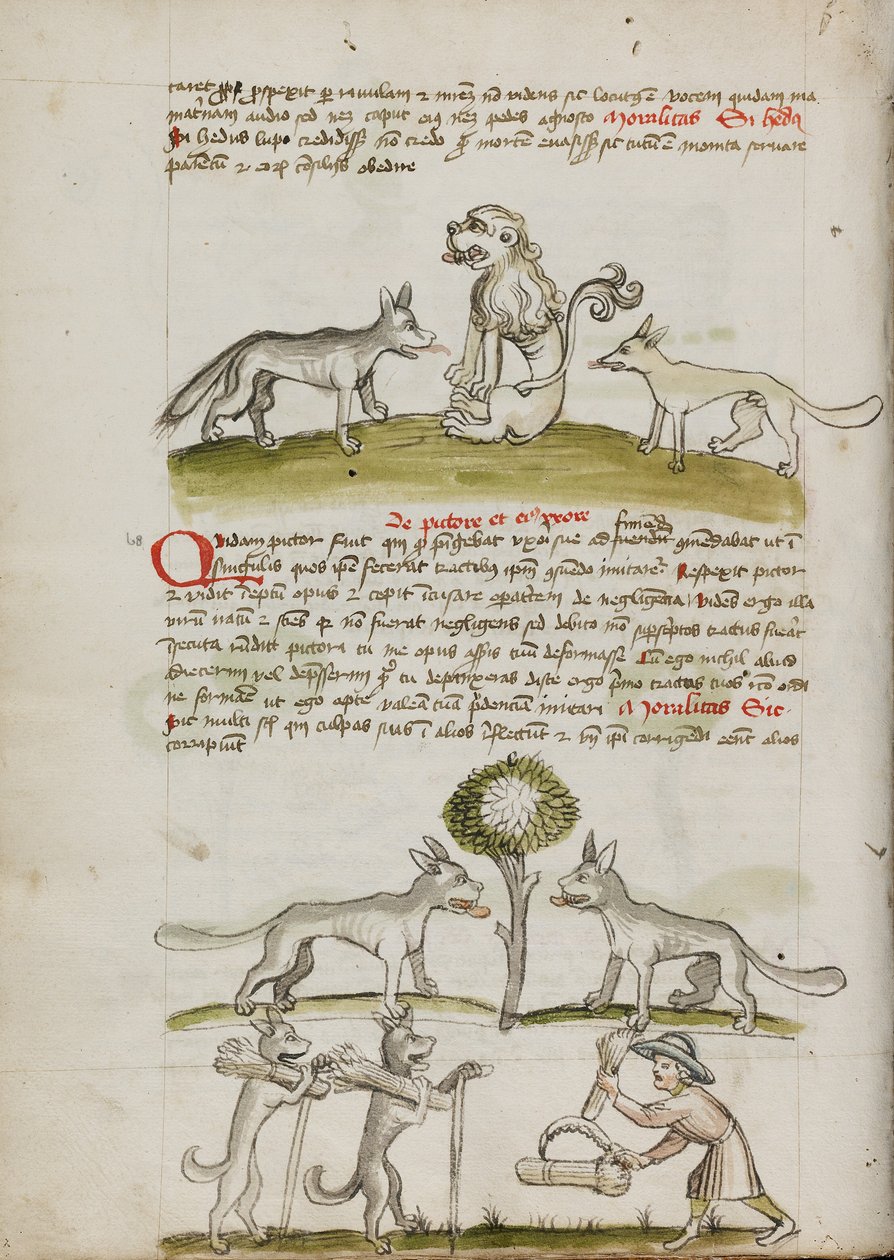 Fuchs und Wolf vor einem Löwen; Zwei Wölfe unter einem Baum ziehen Getreideballen; Ein Bauer bündelt Getreidegarben von Unknown artist