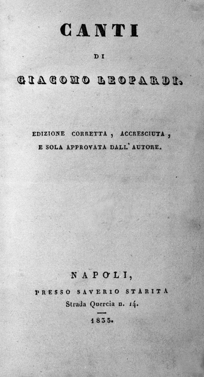 Frontispiz von „Canti“ (Gesänge) von dem italienischen Dichter Giacomo Leopardi (1798-1837) 1835 von Unknown artist