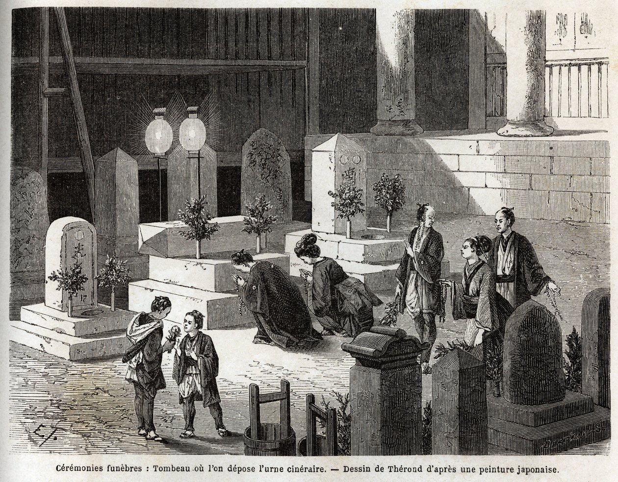 Beerdigungszeremonien: Grab, in dem die Urne mit der Asche aufbewahrt wird. Gravur zur Illustration der Reise nach Japan in den Jahren 1863-1864, von Aime Humbert, Minister der Schweizerischen Eidgenossenschaft, in „Le tour du monde, nouveau journal des vo von Unknown artist