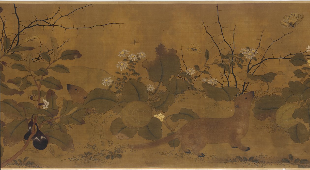 Gartenszene: Melonen, Auberginen, Blumen und zwei Wiesel von Unknown artist