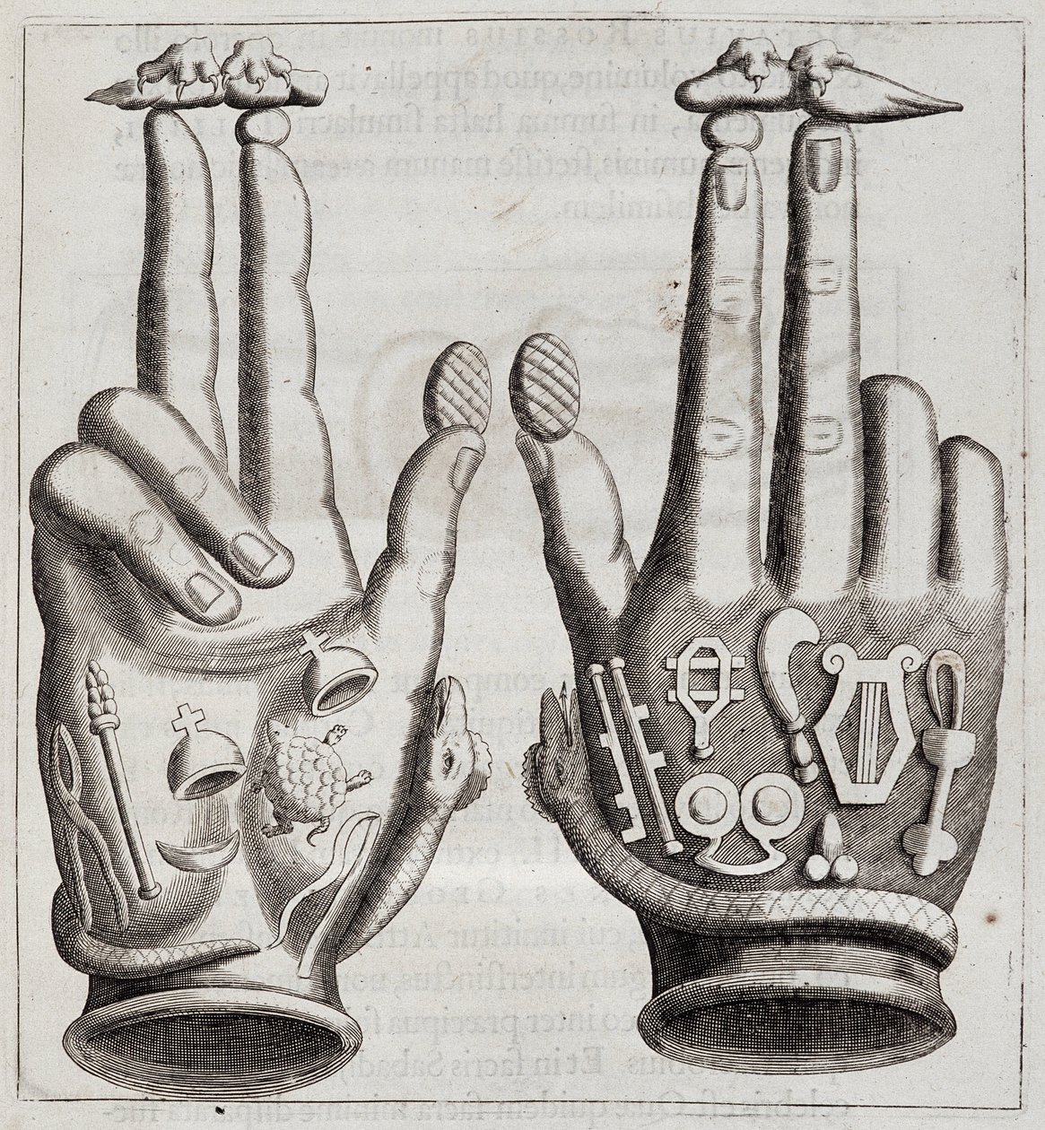 Hände in „Mensae Isiaca“ (Rede der Großen Mutter der Götter, ihre Siegel, ihre Juwelen und Amulette und einige ihrer Figuren) von Unknown artist