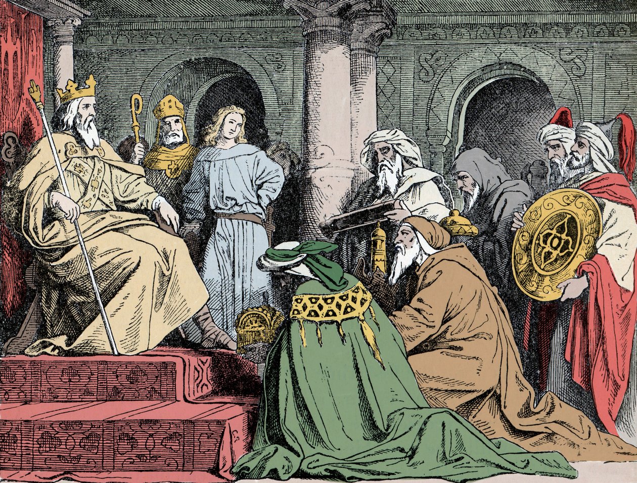 Geschenke von Harun al-Raschid - Botschafter des abbasidischen Kalifen Harun al-Raschid (763-809) bieten Karl dem Großen (742-814) um 802 ihre Geschenke an von Unknown artist