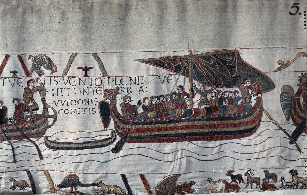 Vom Sturm entführt, strandete das Schiff von Harold II an der Küste von Ponthieu - Teppich von Bayeux, bekannt als Stickerei der Königin Mathilde von Unknown artist